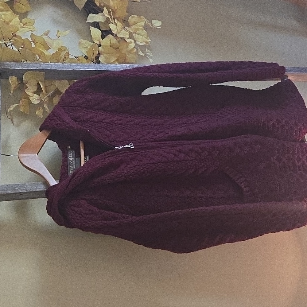 Aran Crafts Burgundy Hooded Cardigan 100% Wool